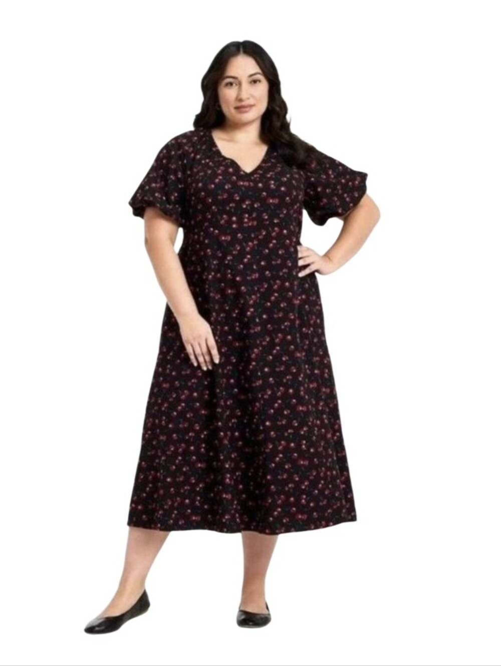 Ava & Viv Black Cherry Print  Midi Dress with Red Cherry Print